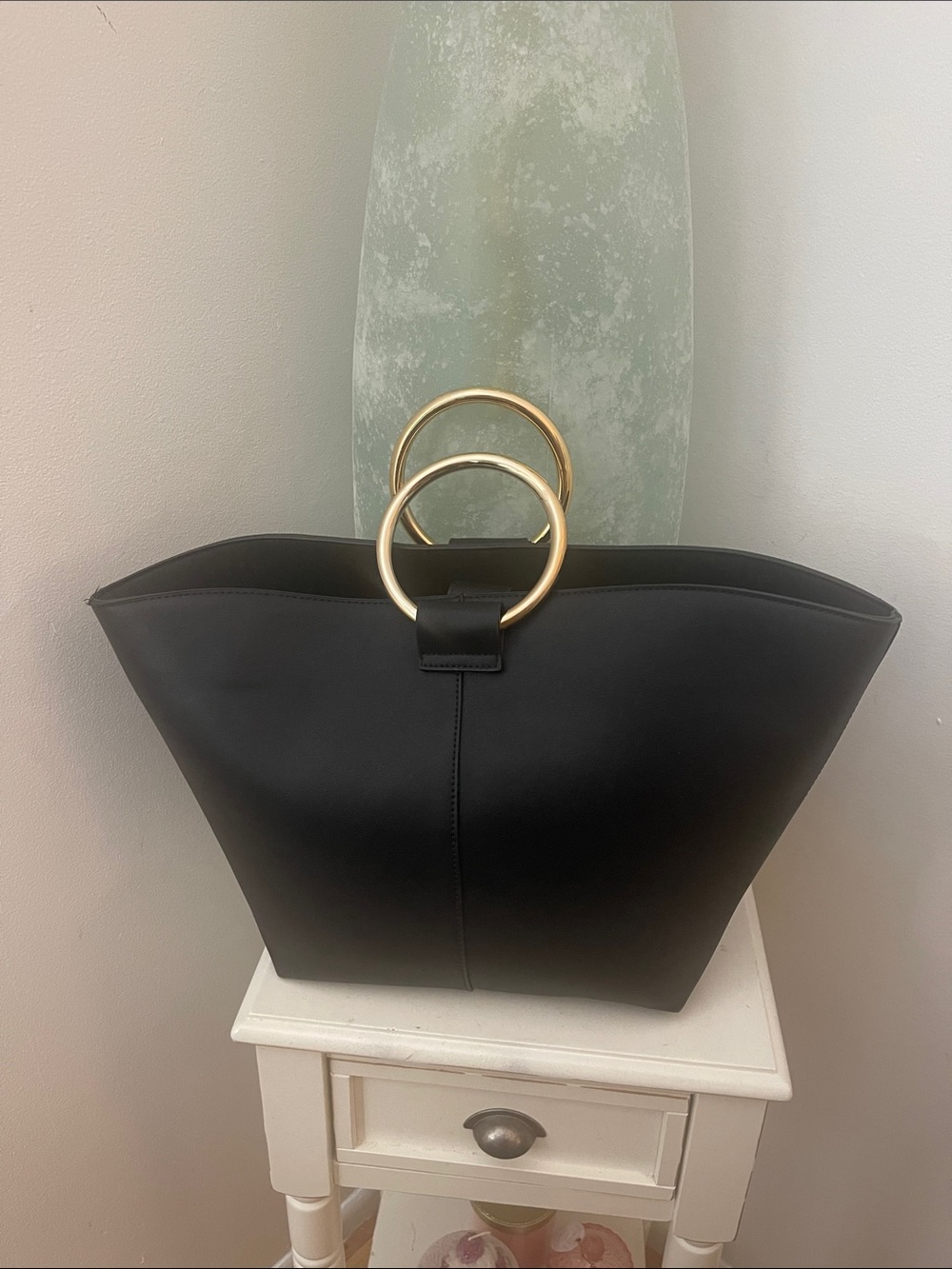 Aqua Black Tote Bag with Gold Ring Handles